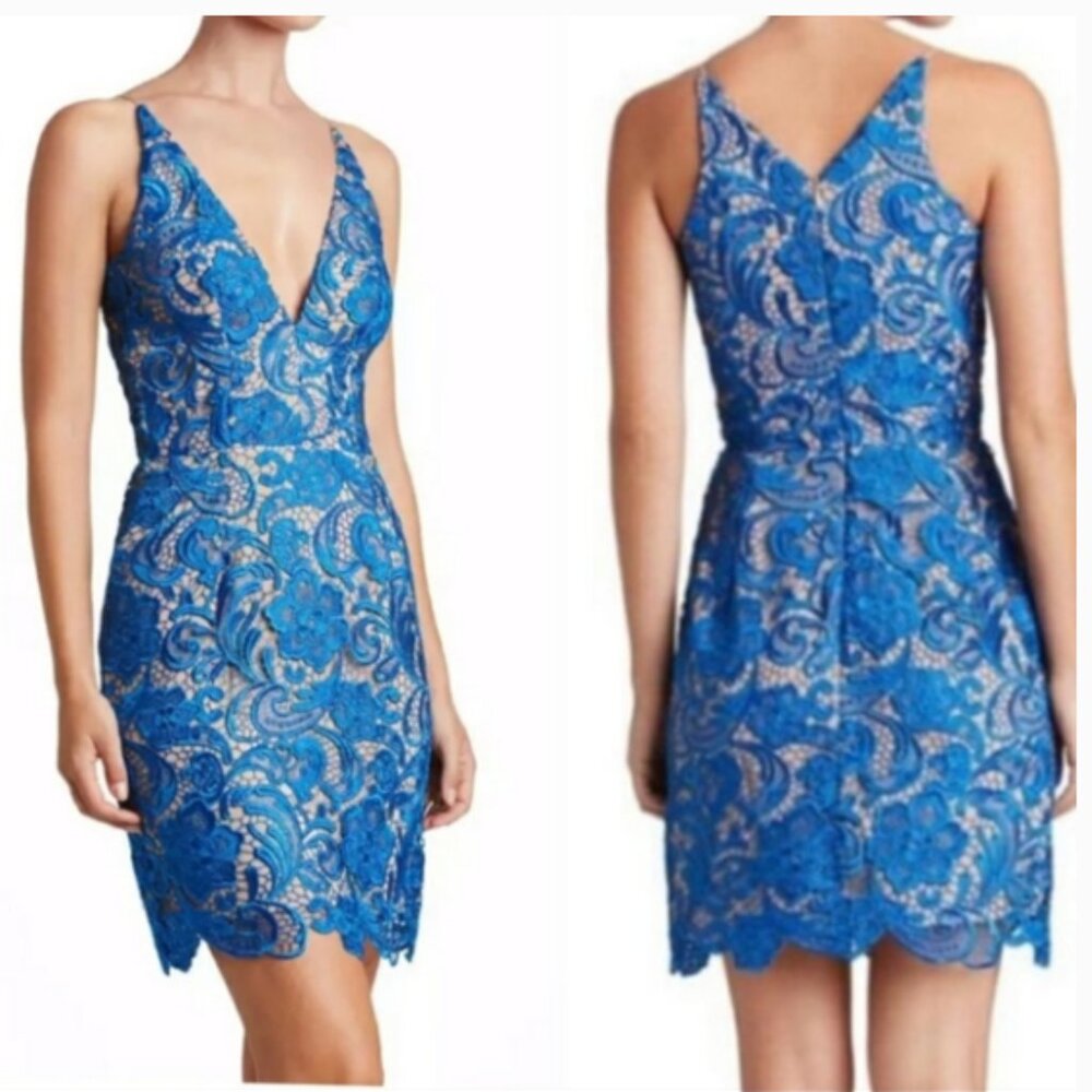 Dress the Population Ava Allie Crochet Overlay Cobalt Blue & Nude Size Small